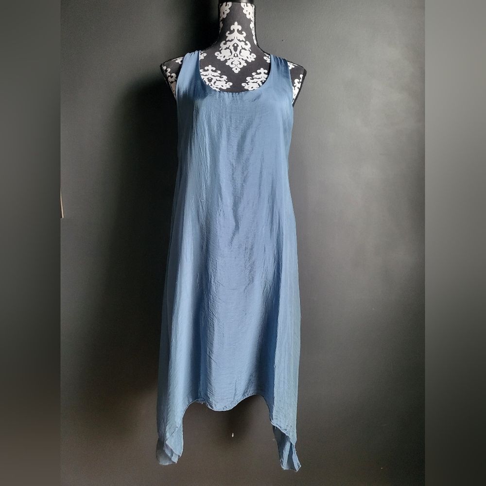 Made in Italy Hankerchief Asymmetrical Hem Blue Swing Dress Lagenlook Sz M